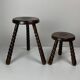 Pair of 2 midcentury brutalist modernist wood turned stools, ca 1950s