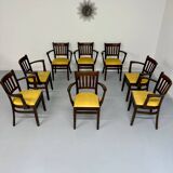 Lot de 8 anciennes chaises fauteuils de bistrot en bois et simili jaune 80’