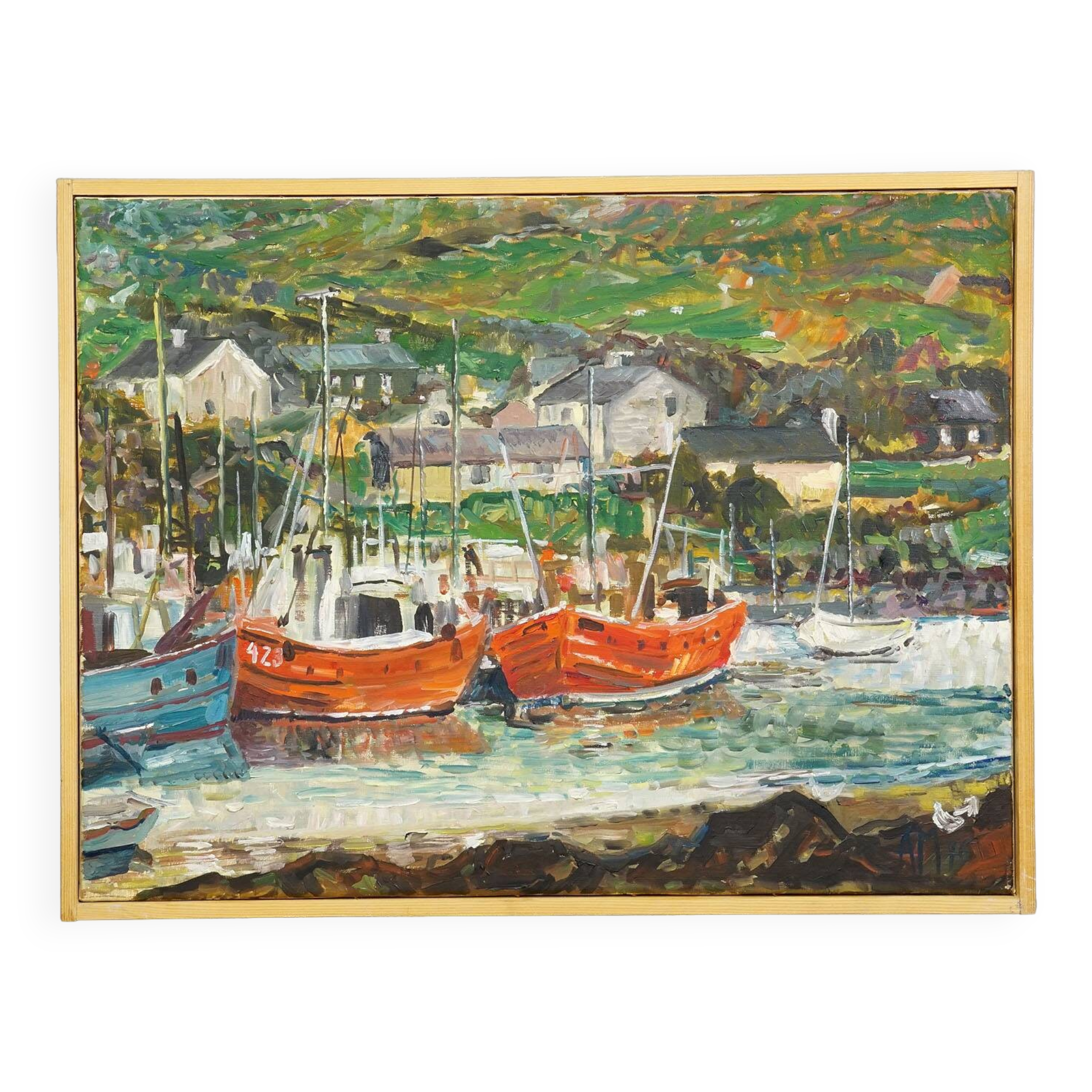 Oil painting by Alexander Michael – Fishing boats in Ireland, 1976