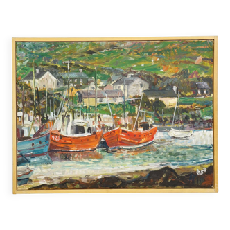 Oil painting by Alexander Michael – Fishing boats in Ireland, 1976