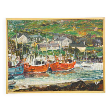 Oil painting by Alexander Michael – Fishing boats in Ireland, 1976