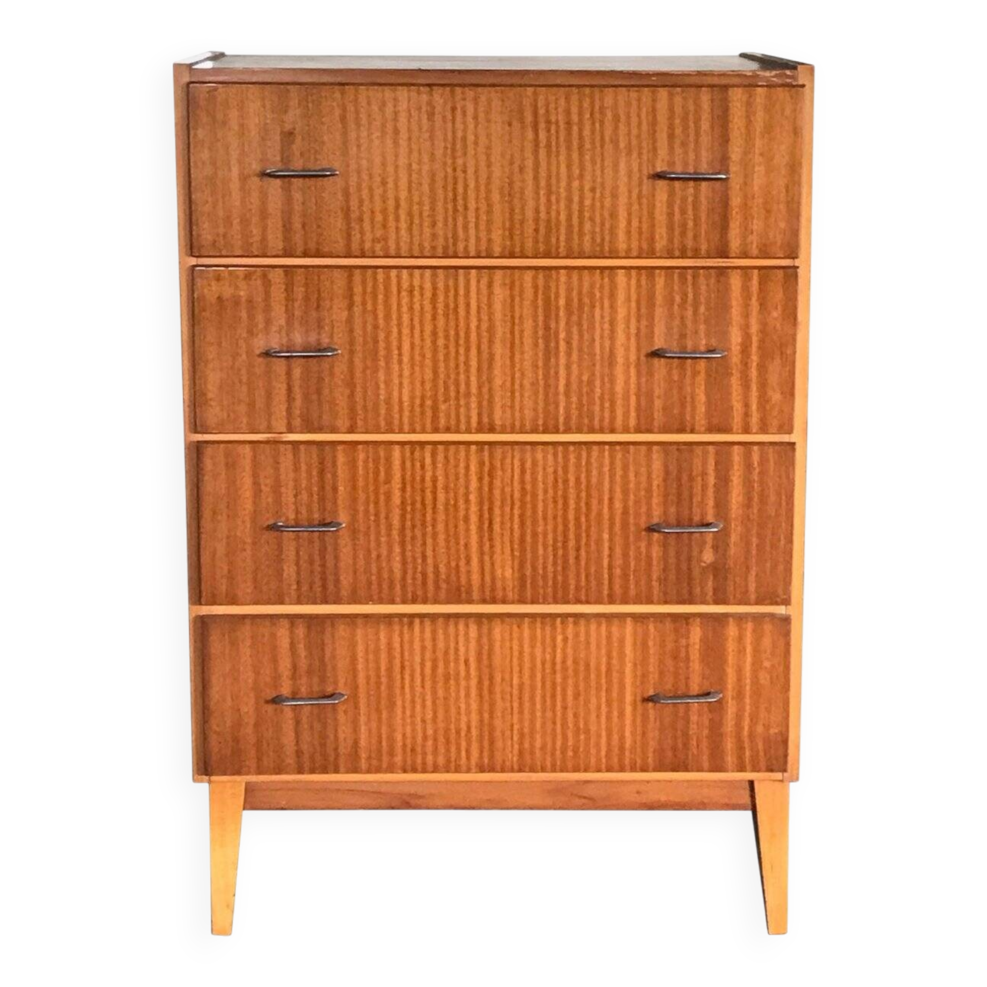 Vintage Scandinavian brown wooden chest of drawers with iron handles and 4 drawers, 1960s.