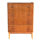 Vintage Scandinavian brown wooden chest of drawers with iron handles and 4 drawers, 1960s.