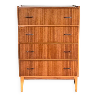 Vintage Scandinavian brown wooden chest of drawers with iron handles and 4 drawers, 1960s.