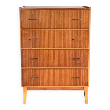 Commode scandinave vintage marron en bois avec poignées en fer et 4 tiroirs, 1960s