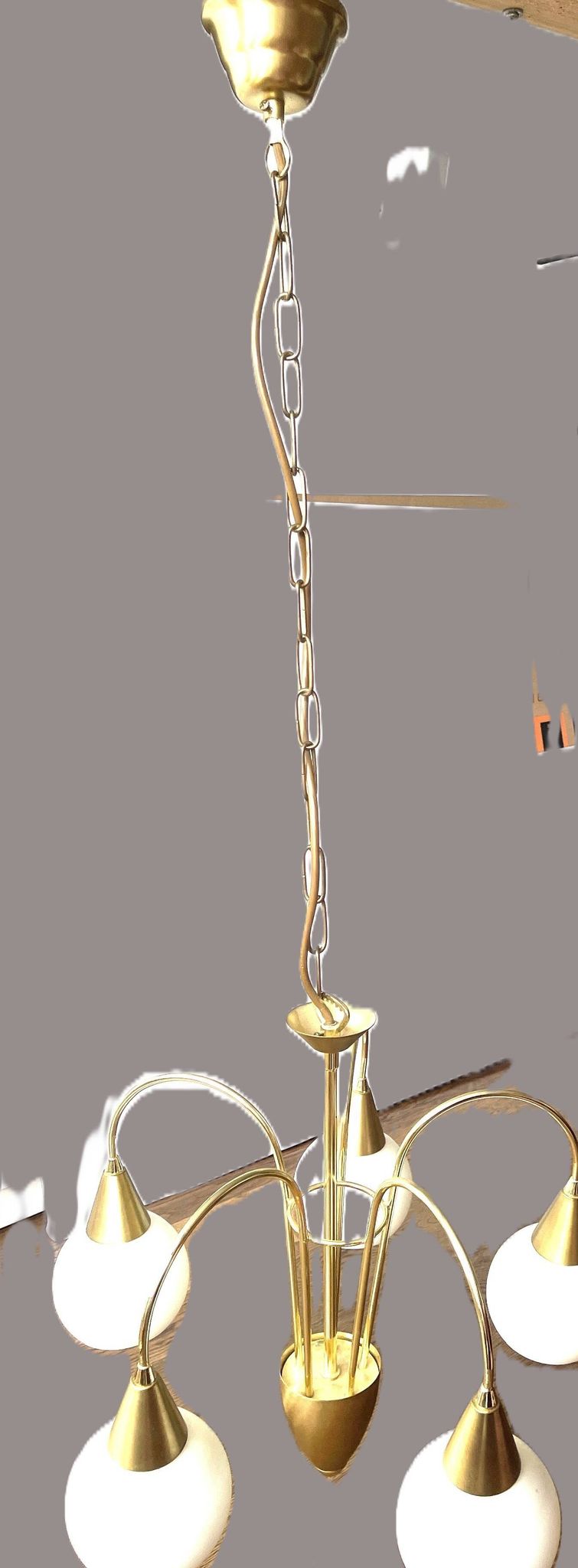 Mid Century Suspension, 5 globes in brass and opal glass, Honsel Leuchten