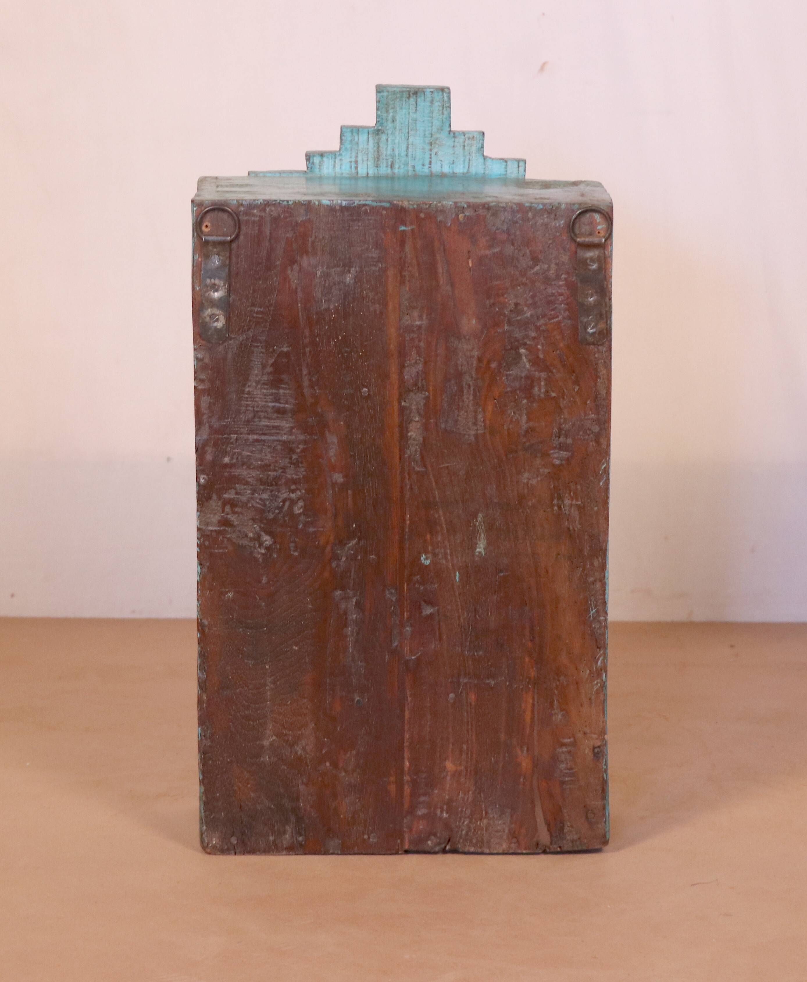 old Art Deco wall display case in original blue teak Burmese patina