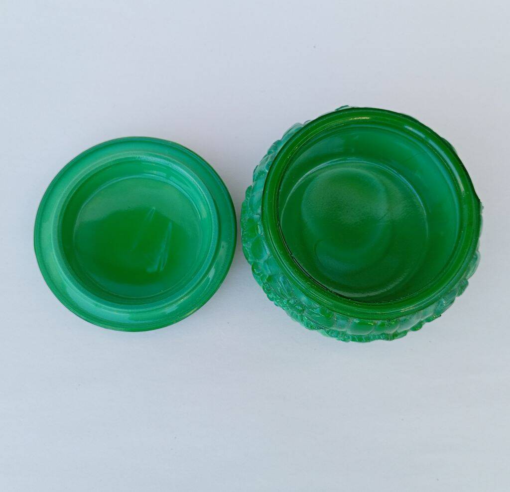 Bohemian handmade malachite glass candy dish or jewelry box.