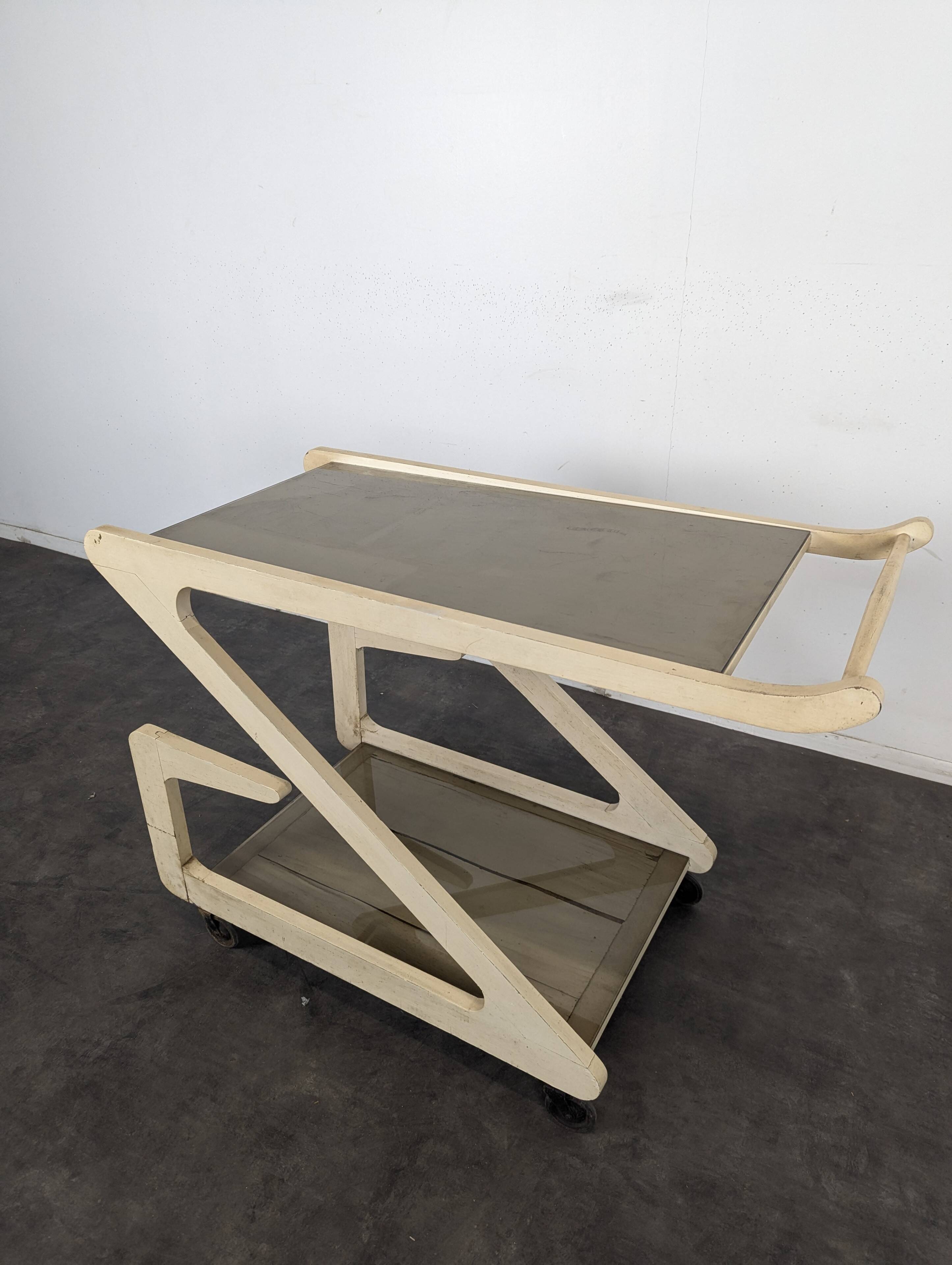 White lacquered Z-shaped rolling dessert trolley with smoked glass from the 1970s.