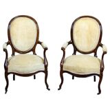 Set of Antique Walnut Chairs in Beige Upholstery, 1890s