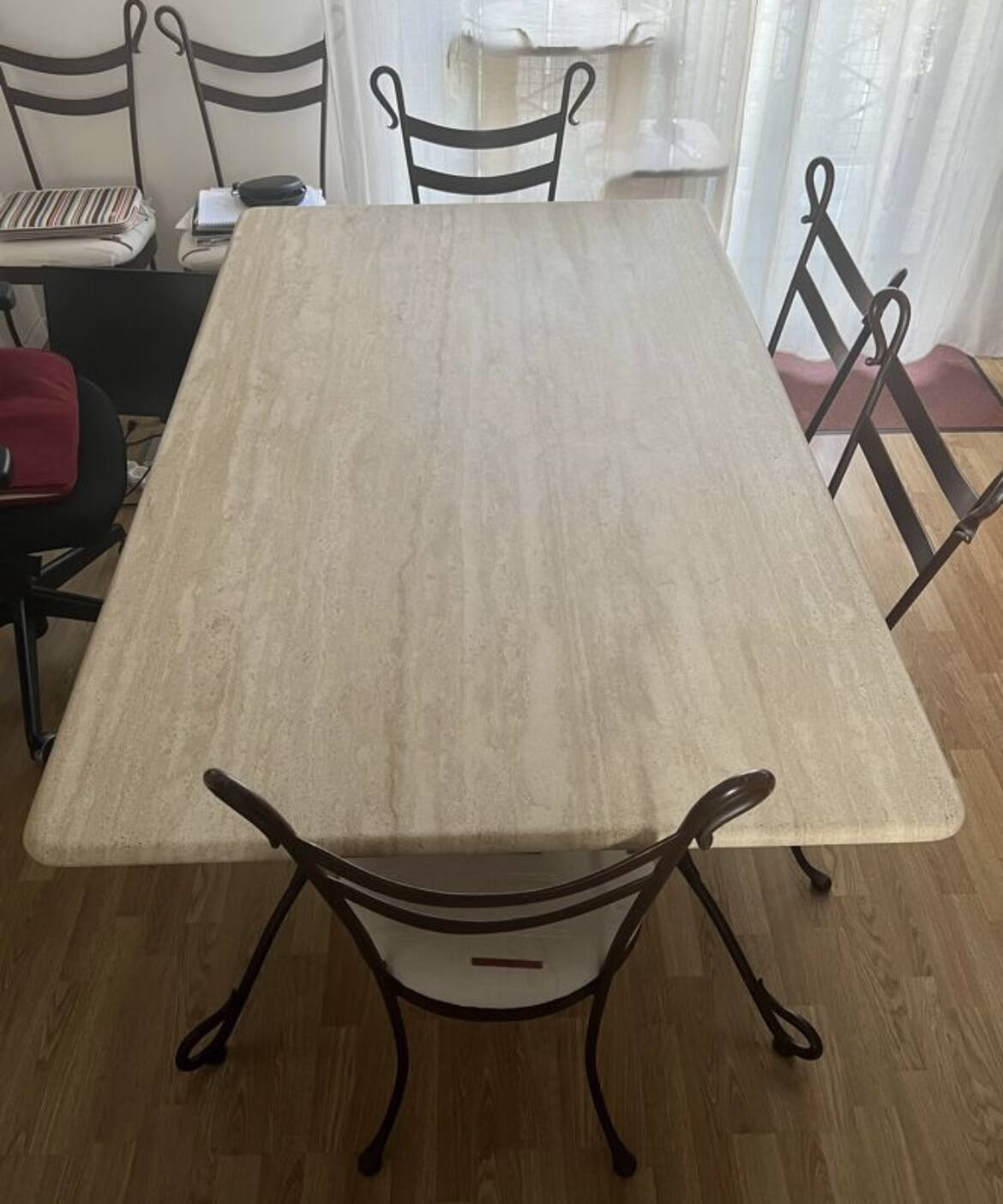 Travertine and wrought iron dining table + 8 chairs