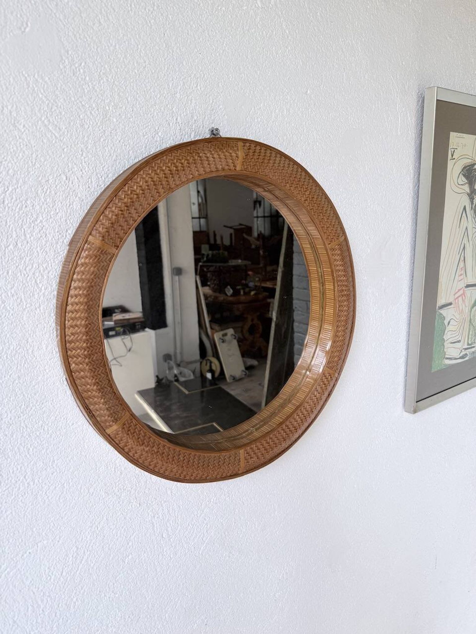 Woven wicker round mirror 1960