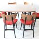 Mid-century mahogany wood and purple fabric set — drop-leaf table + 6 Butterfly chairs by G-Plan