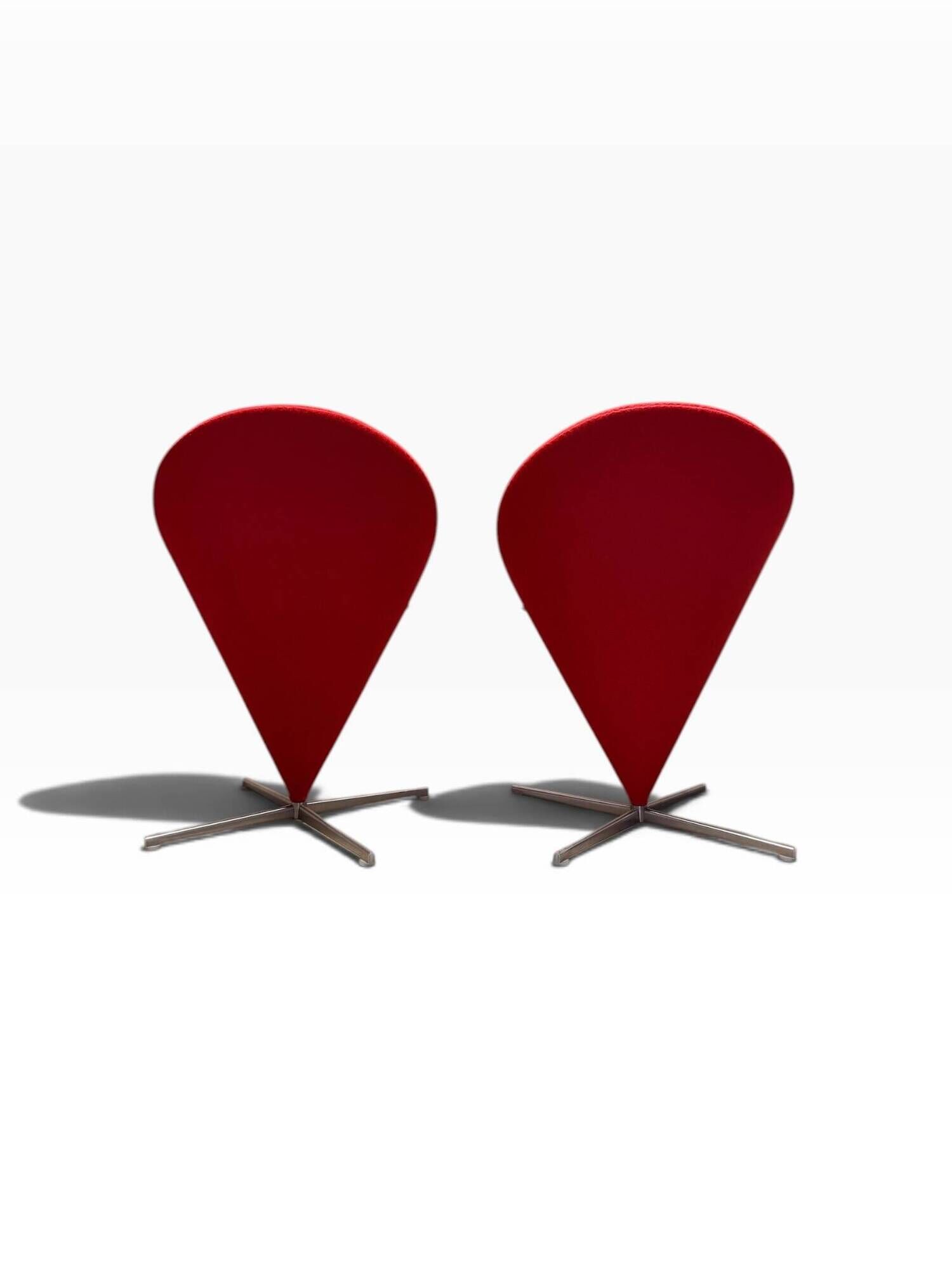 Pair of Cone Chair armchairs by Verner Panton for Vitra, red wool fabric.