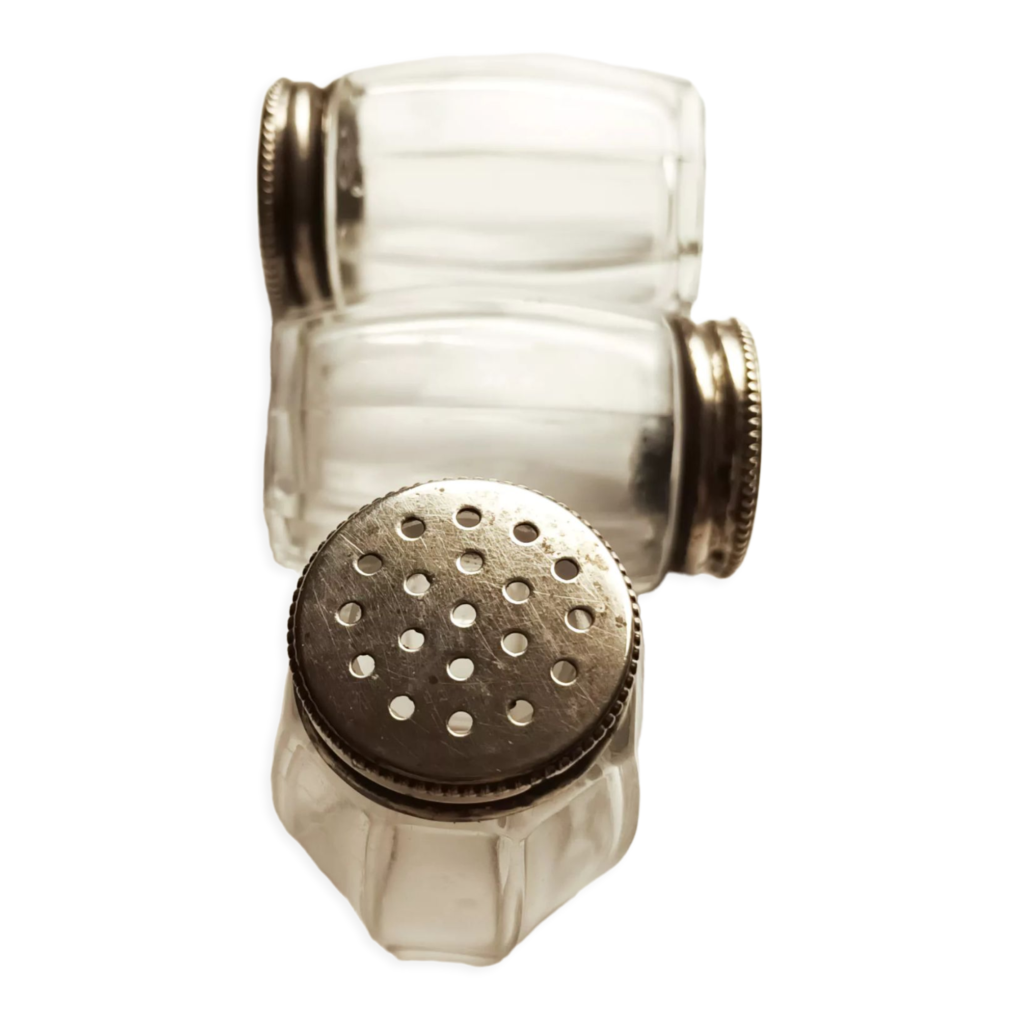 3 crystal and metal salt shakers