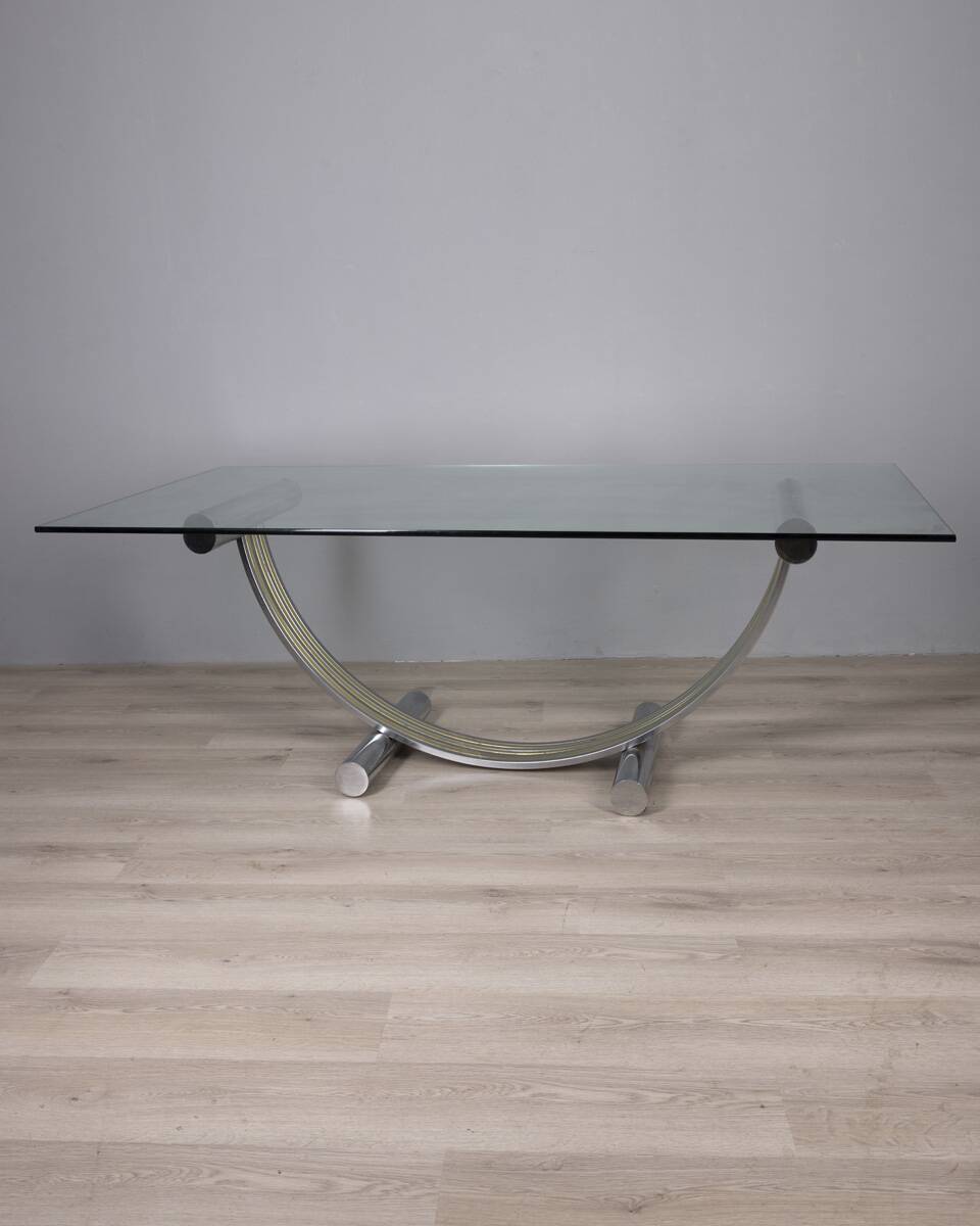 VINTAGE METAL, BRASS, AND GLASS TABLE BY RENATO ZEVI, 1970S