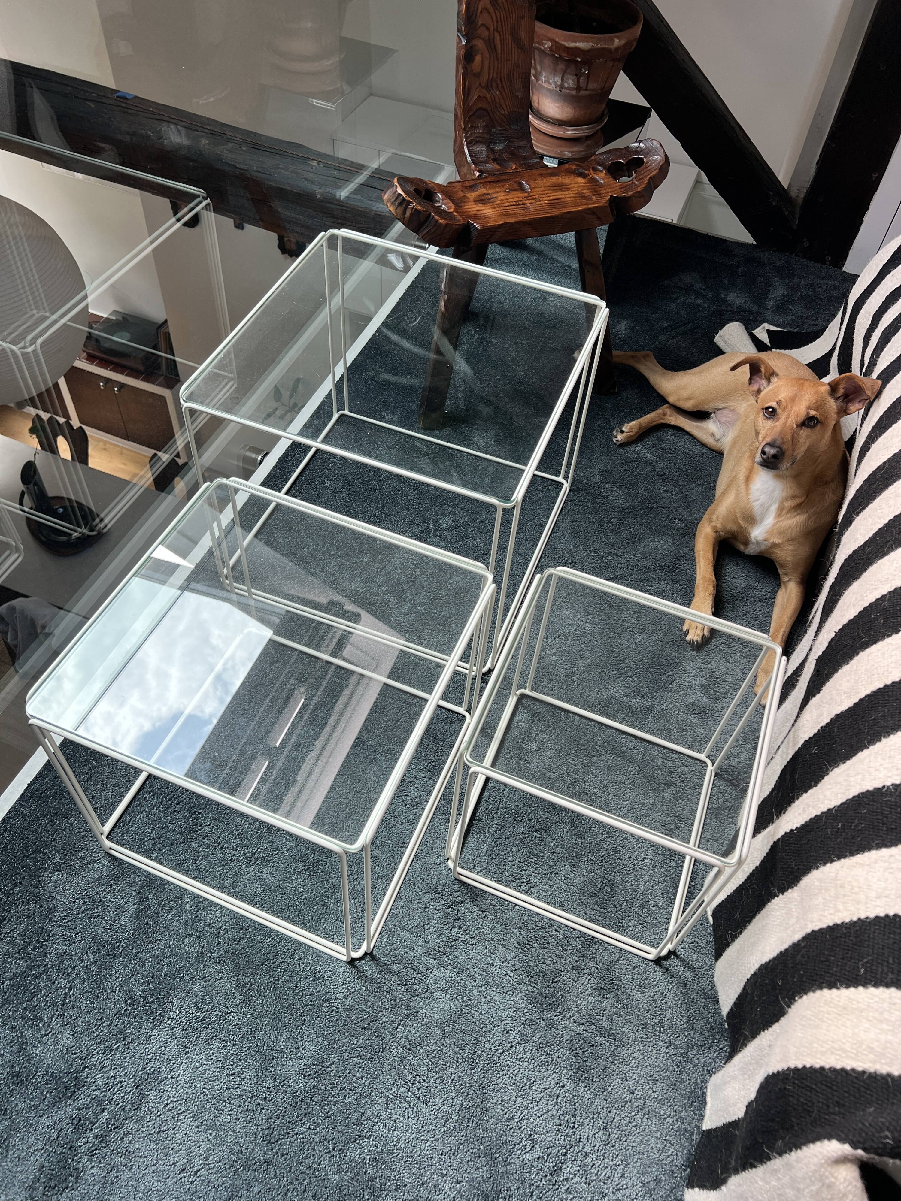3 nesting tables by Max Sauze for Isocèle – 1970s – white metal & glass