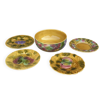 Vintage Sarreguemines fruit bowl and 4 dessert plates in slip
