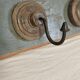 Antique teak coat rack with 3 wrought iron hooks