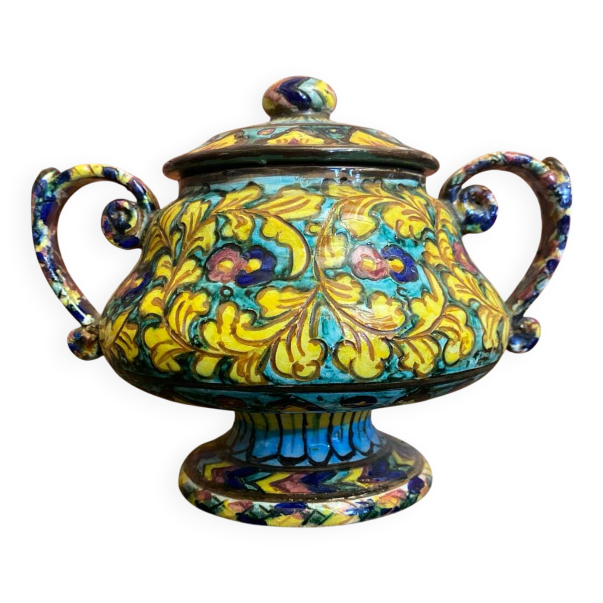 Sweet box with handles, antique caltagirone polychrome ceramic.