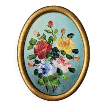 Old oval acrylic painting on gilded wooden panel.
