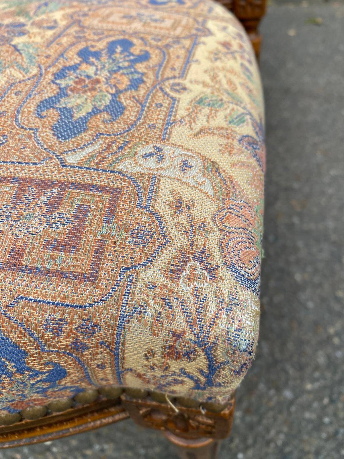 Set of 6 Louis XVI style chairs with caned backs and 70s jacquard fabric.