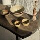 Large speckled beige salad bowl with ochre trim H14 D25