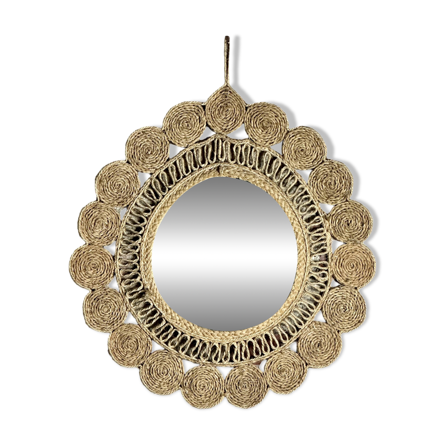 Miroir Rond Vintage Années 60 En Alfa Tressé - Diamètre 60 Cm Pour Décoration Murale
