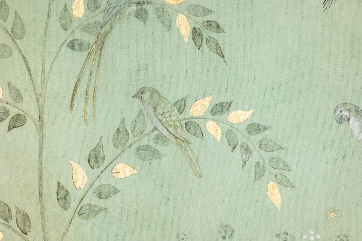 Painted canvas, contemporary decorative panel, parrots and bird.