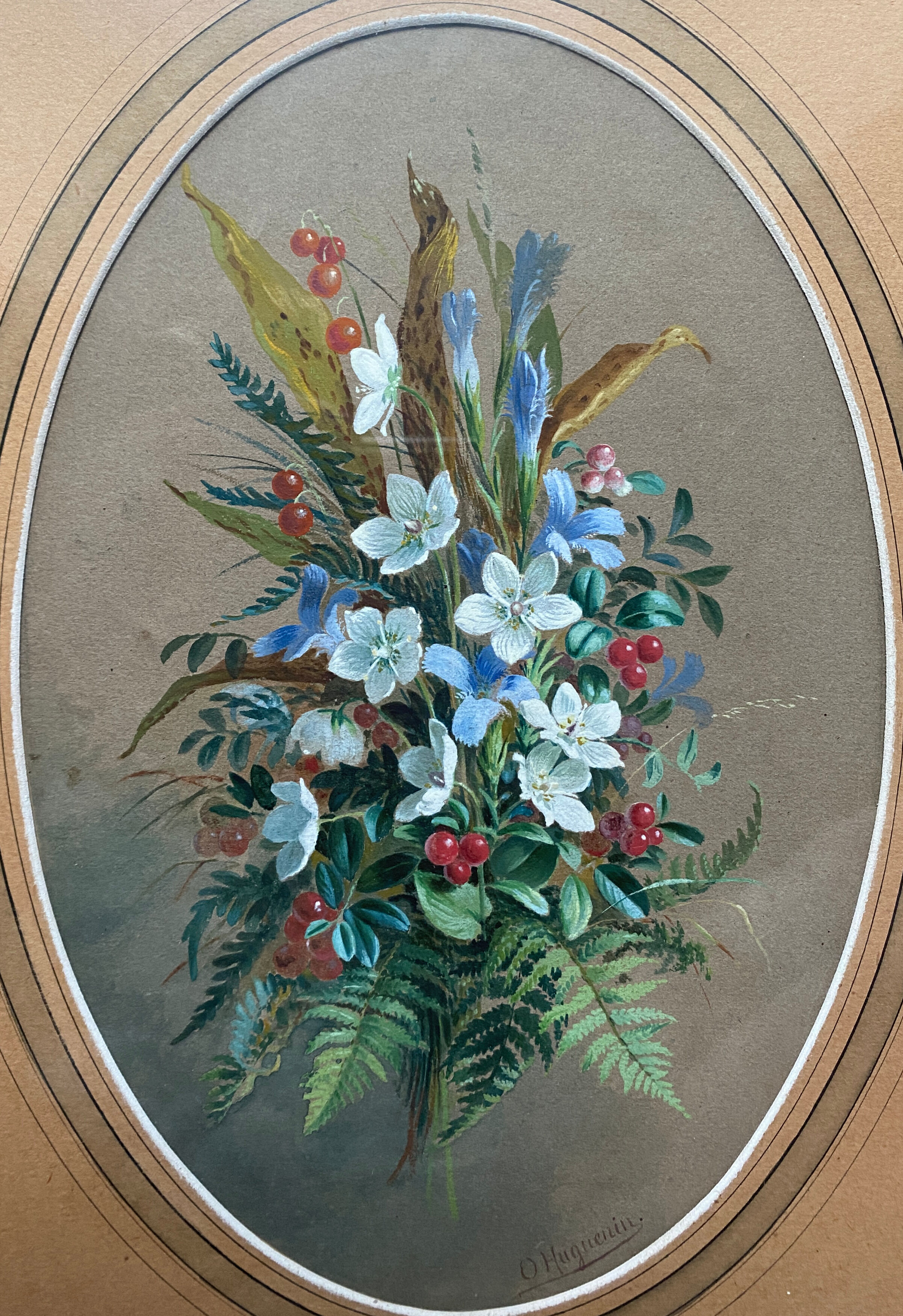 Gouache painting "Fleurs des champs" signed by Oscar HUGUENIN (1842-1903)