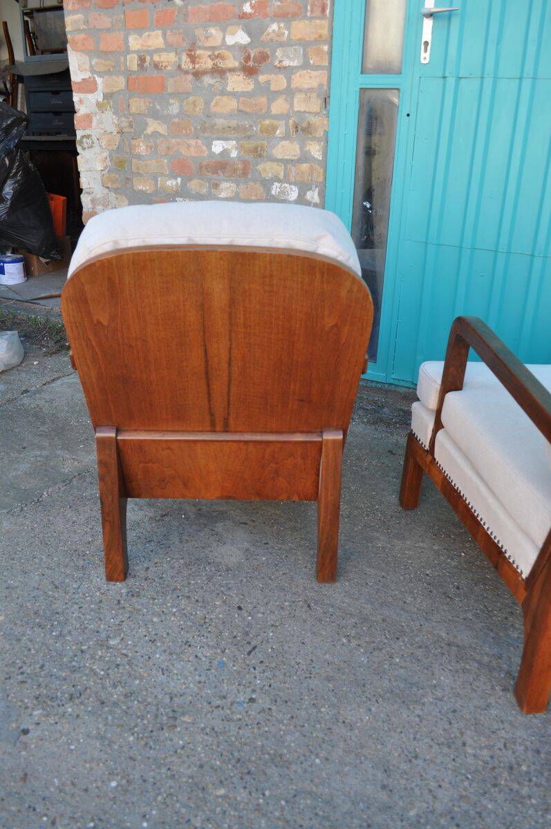 Paire de chaises Art Déco marron et crème en merisier et tissu, années 1930