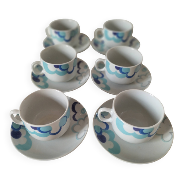 6 tasses et 6 soucoupes vintage décor nuages bleu Chriss G