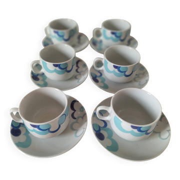 6 tasses et 6 soucoupes vintage décor nuages bleu Chriss G
