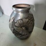 Art Deco vase in repoussé tin Signed Houzeaux Floral decoration 30 cm