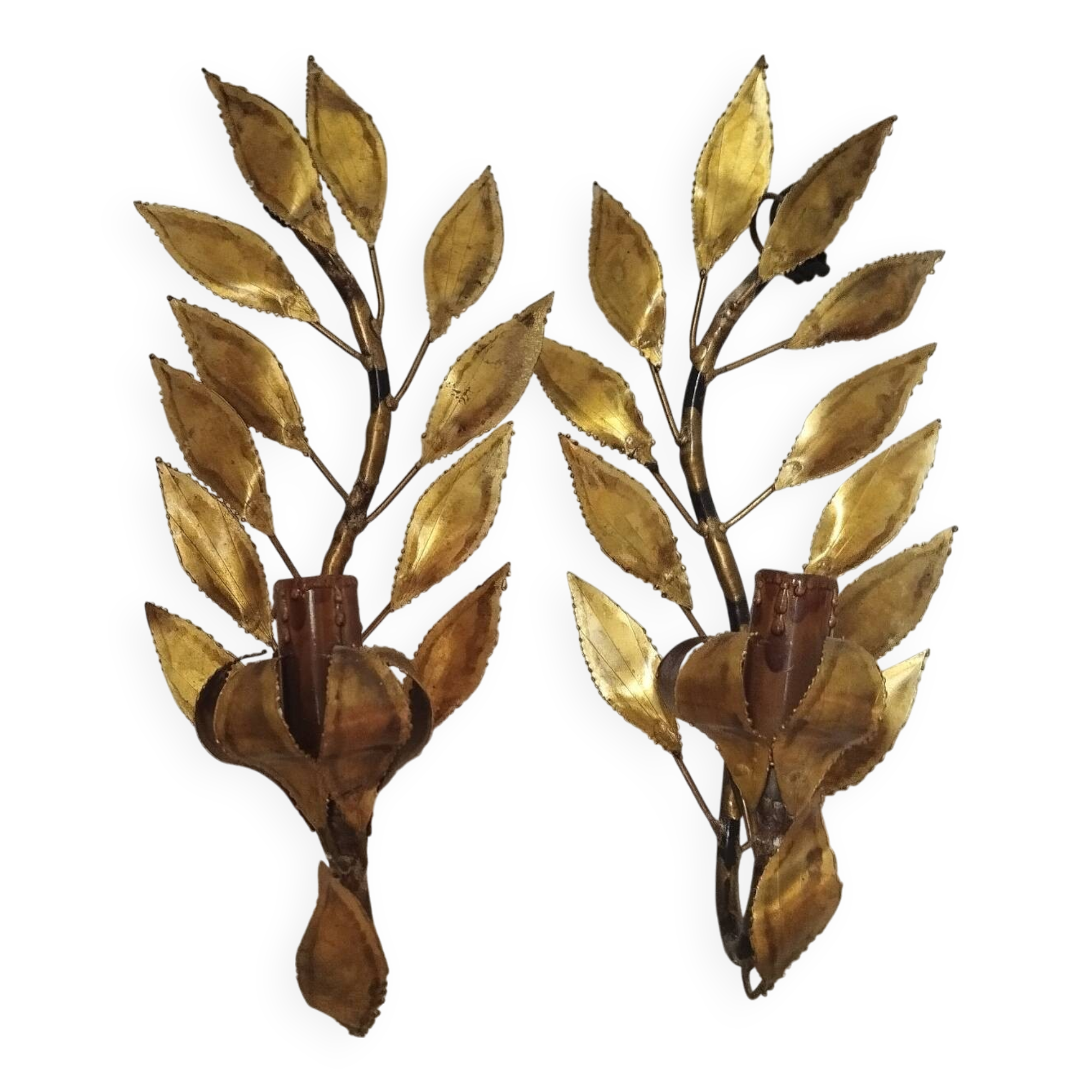 Pair of gold metal floral leaf sconces