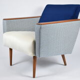 Mid- century modern armchair, 1970s, restored, blue and white velvet, pied de poule fabric
