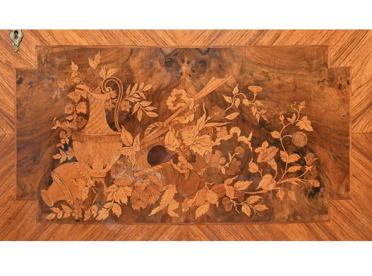 Louis XVI style half-moon marble marquetry sideboard