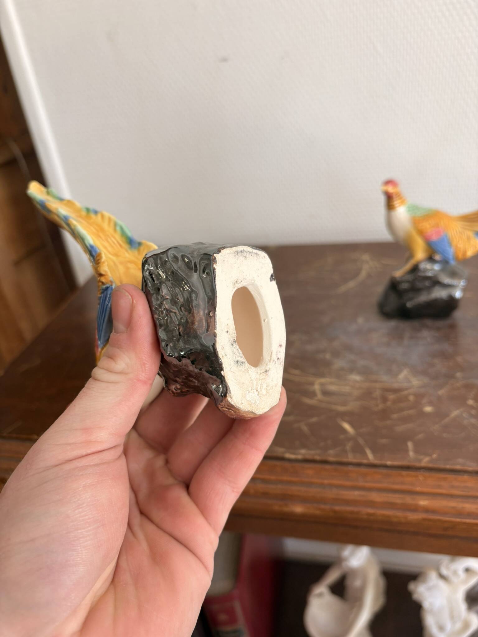Paire Faisans Barbotine Faïence Art Déco Oiseaux 1930