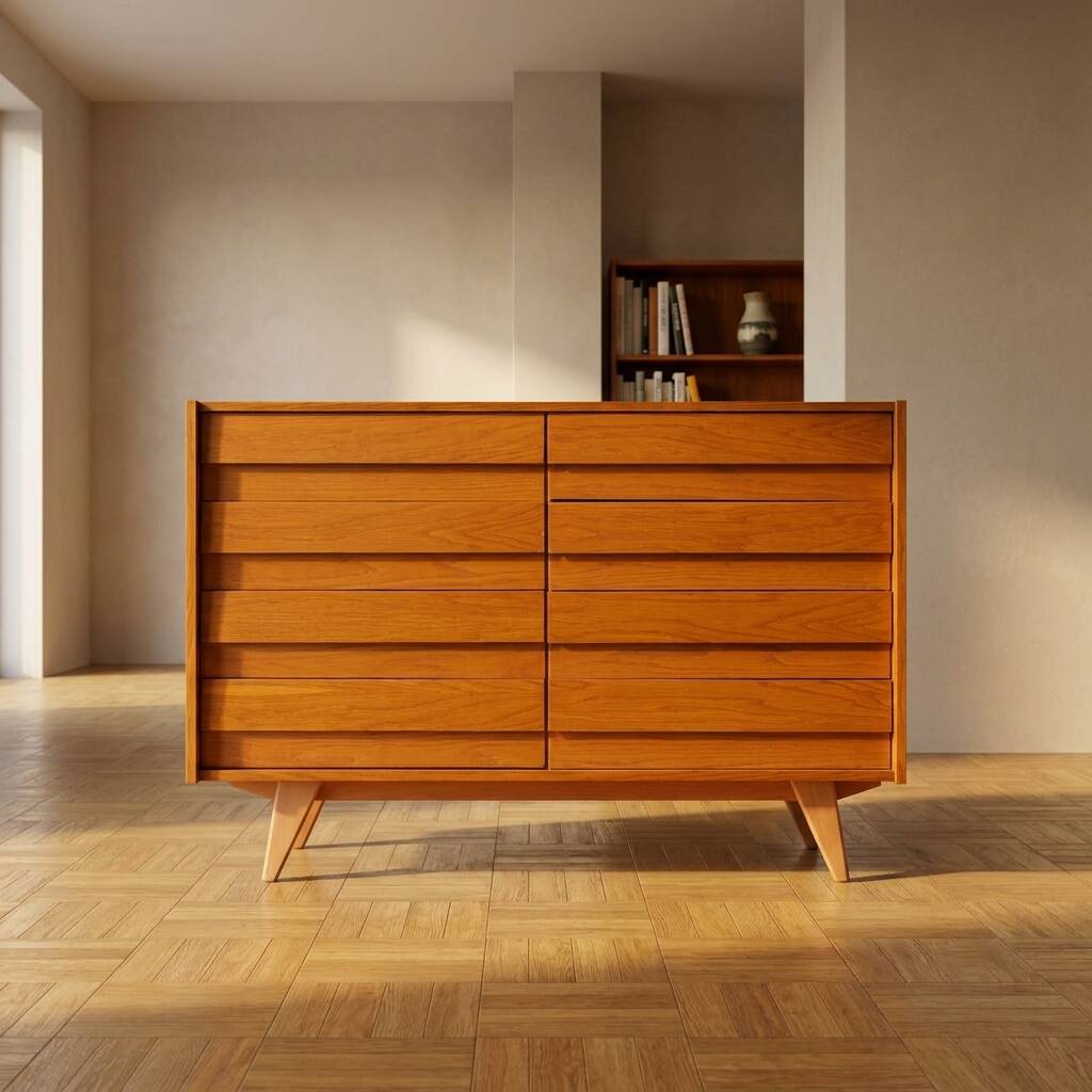 Vintage Czech chest of drawers U-453 by Jiří Jiroutek, 1960s, oak veneer, 110 × 45 × 77 cm