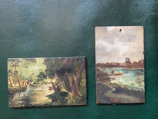 Pair of small old bucolic paintings, gouaches on wood, mid-twentieth, France