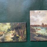 Pair of small old bucolic paintings, gouaches on wood, mid-twentieth, France