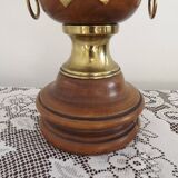 French Mid Century Round Turned Wood Lamp Base With Gold 1852 Tag & Handles