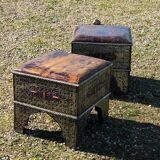 2 oriental stools/poufs in wood/metal/leather