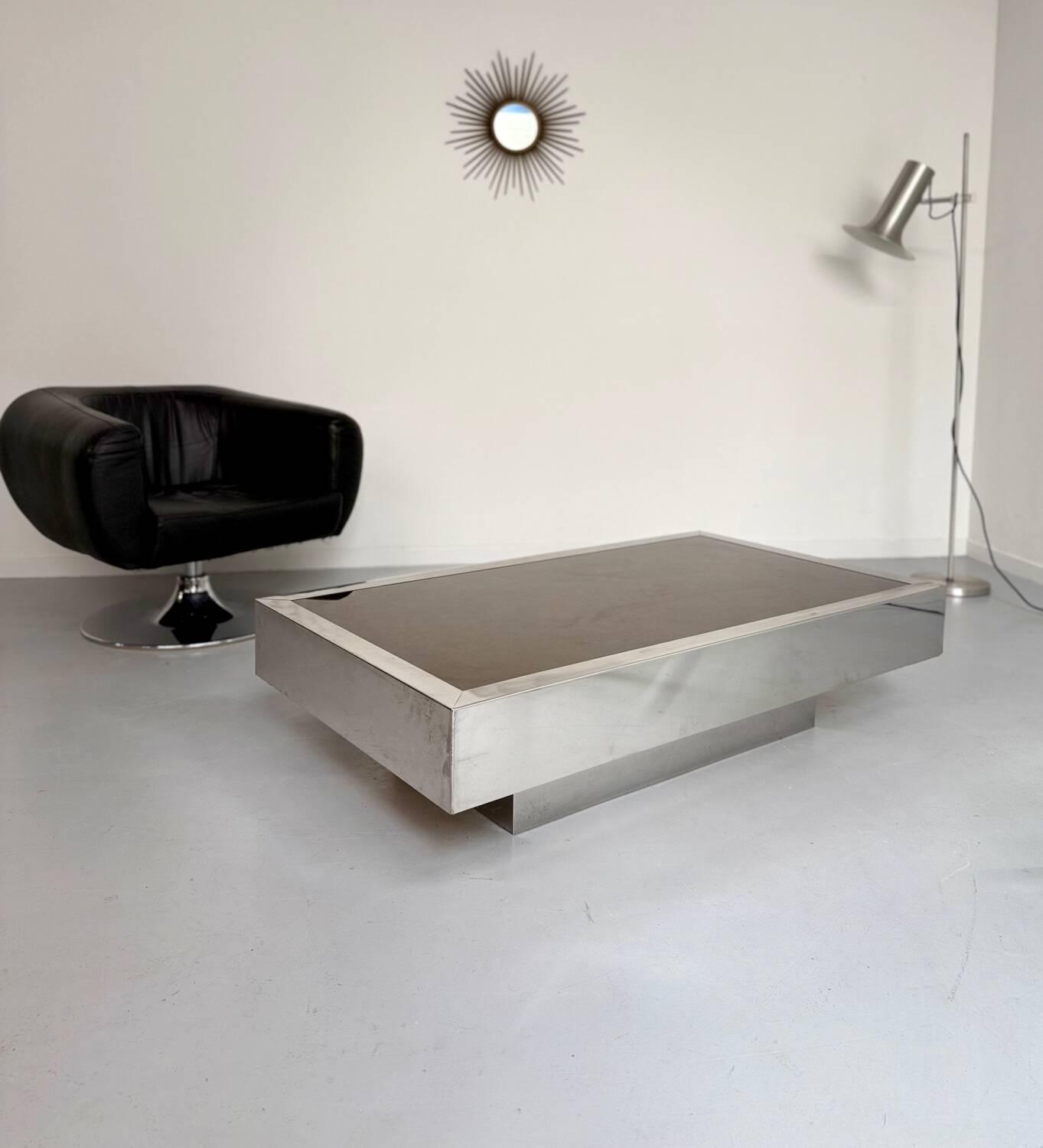 Italian coffee table in chromed metal and vintage brown glass top 70s