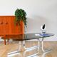 Oval coffee table in smoked glass and chrome, original double S design base, 1970.