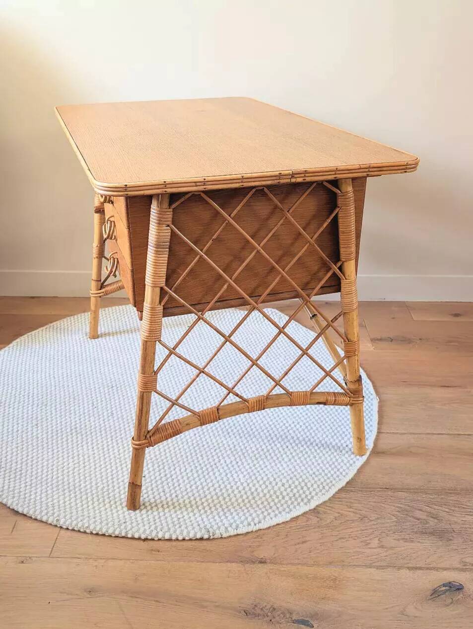 Vintage wood and rattan desk by L. Sognot
