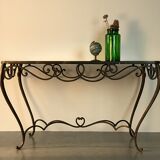 French Art Deco Wrought Iron Dining Table with Black Colored Glass, 1930s