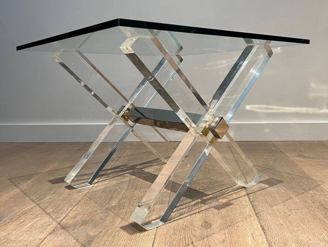 Pair of Plexiglass and Chrome Side Tables with X-shaped Legs, Work