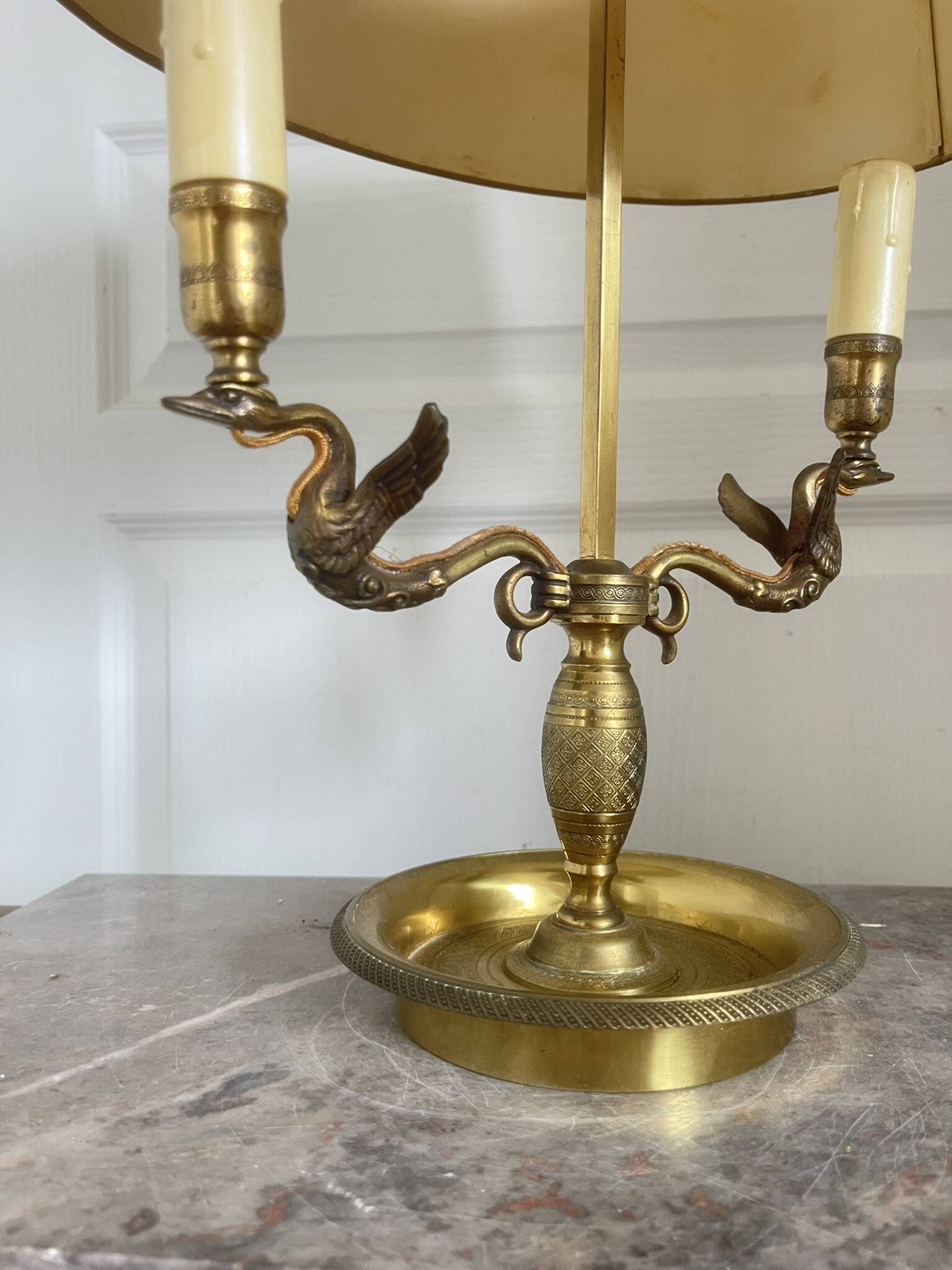 Antique Bouillotte Lamp 2 Lights Swan Lucien Gau Gilded Bronze Empire Napoleon