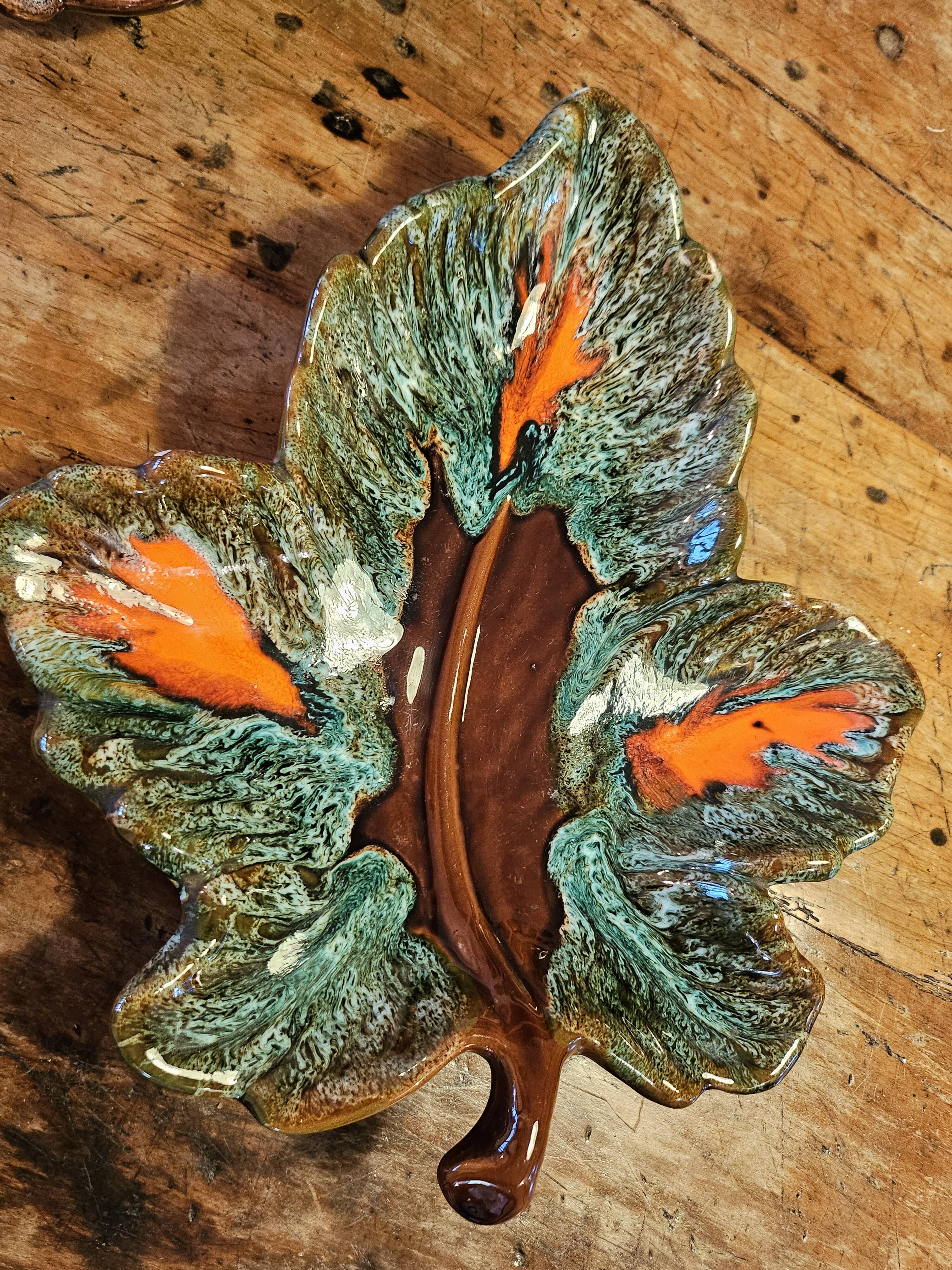 Set of 2 leaf-shaped ceramic dishes from Vallauris.